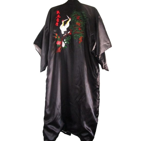 Black Happi Coat Embroidered Cranes Tree Symbols No Labels See Measurements EUC - Picture 2 of 12